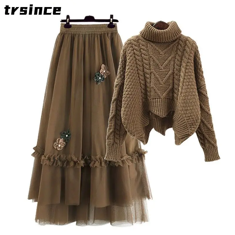 

Women Elegant Winter Skirt Mesh Top And Short Pant Two Piece Set Outfit Winter Casual Woolen Clothing