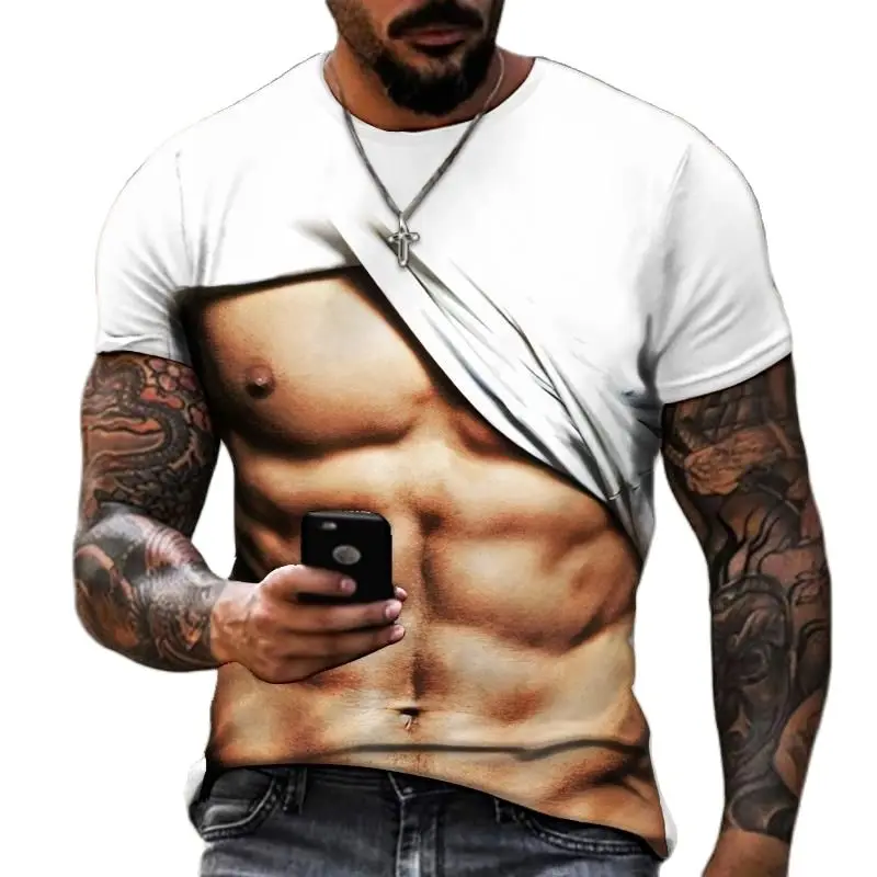 

Funny Personality Men's 3D Printing Muscular T Shirt Crew Neck Oversized T Shirt High Quality Breathable Tops Sports Casual Tee