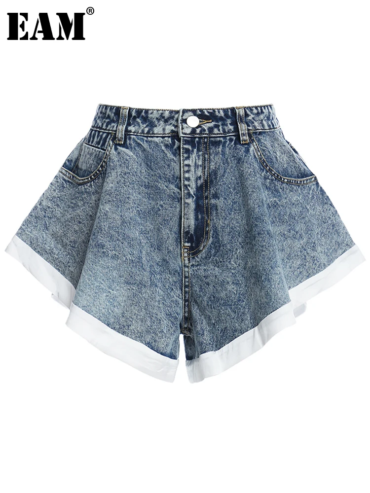

[EAM] Women Denim Blue Ruffles Stitch Wide Leg Shorts New High Waist Loose Fit Trousers Fashion Tide Spring Summer2023 1Y104