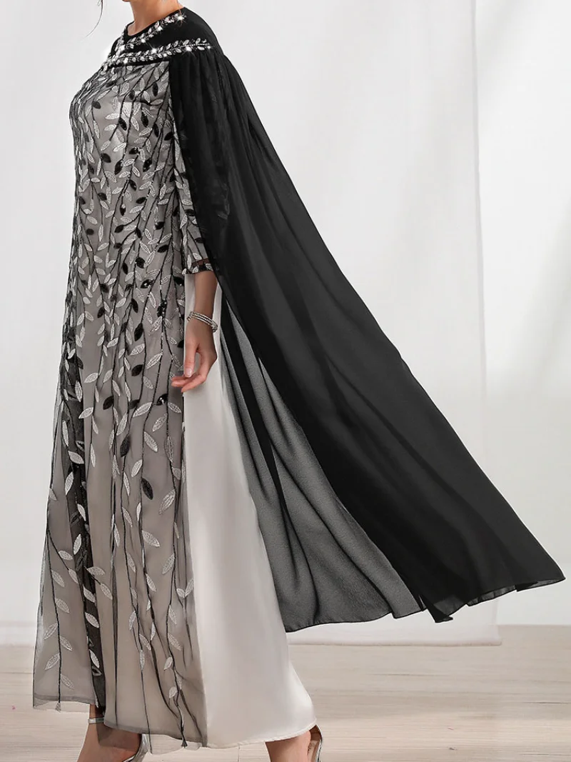 Cloak Evening Dresses  Moroccan Party Kaftan  Women Tulle Embroidered Rhinestone Gulf Banquet Jalabiya Muslim Dubai Black Abayas