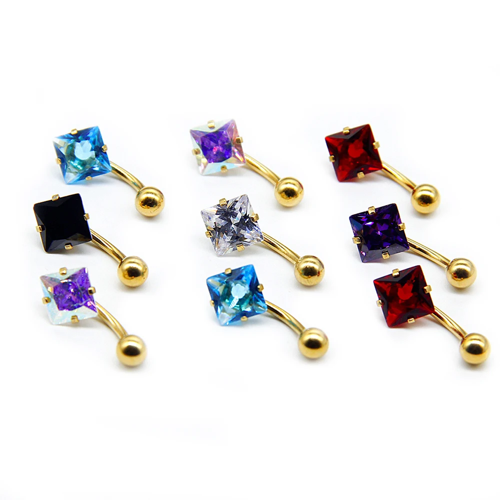 

New Fashion Body Piercing Jewelry Boutique Multicolor Square Zircon Navel Ring 316L Stainless Steel Vacuum Gold Plated