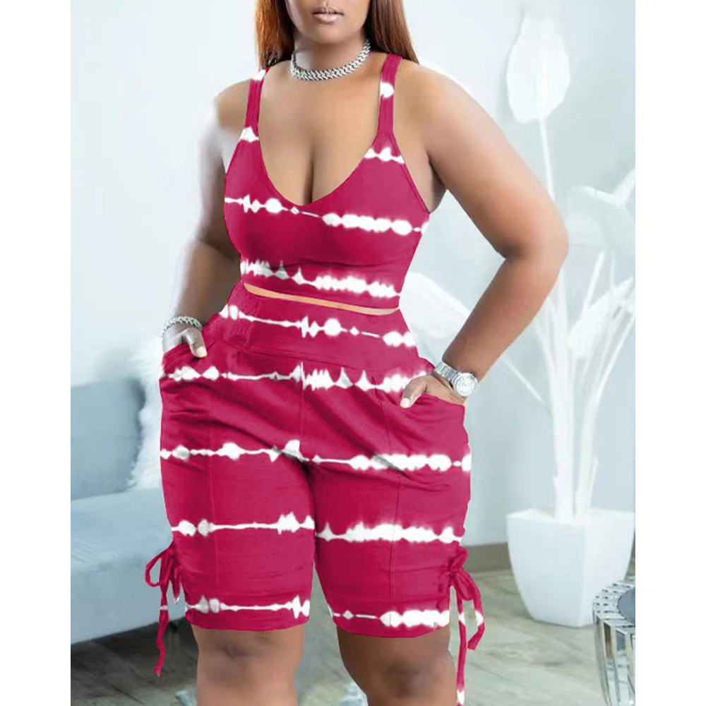 

2022 Women Tie Dye Print Crop Top and Eyelet Lace-up Shorts Set Fashion Women Sleeveless Sexy Vest Top Bodycon Shorts Suit