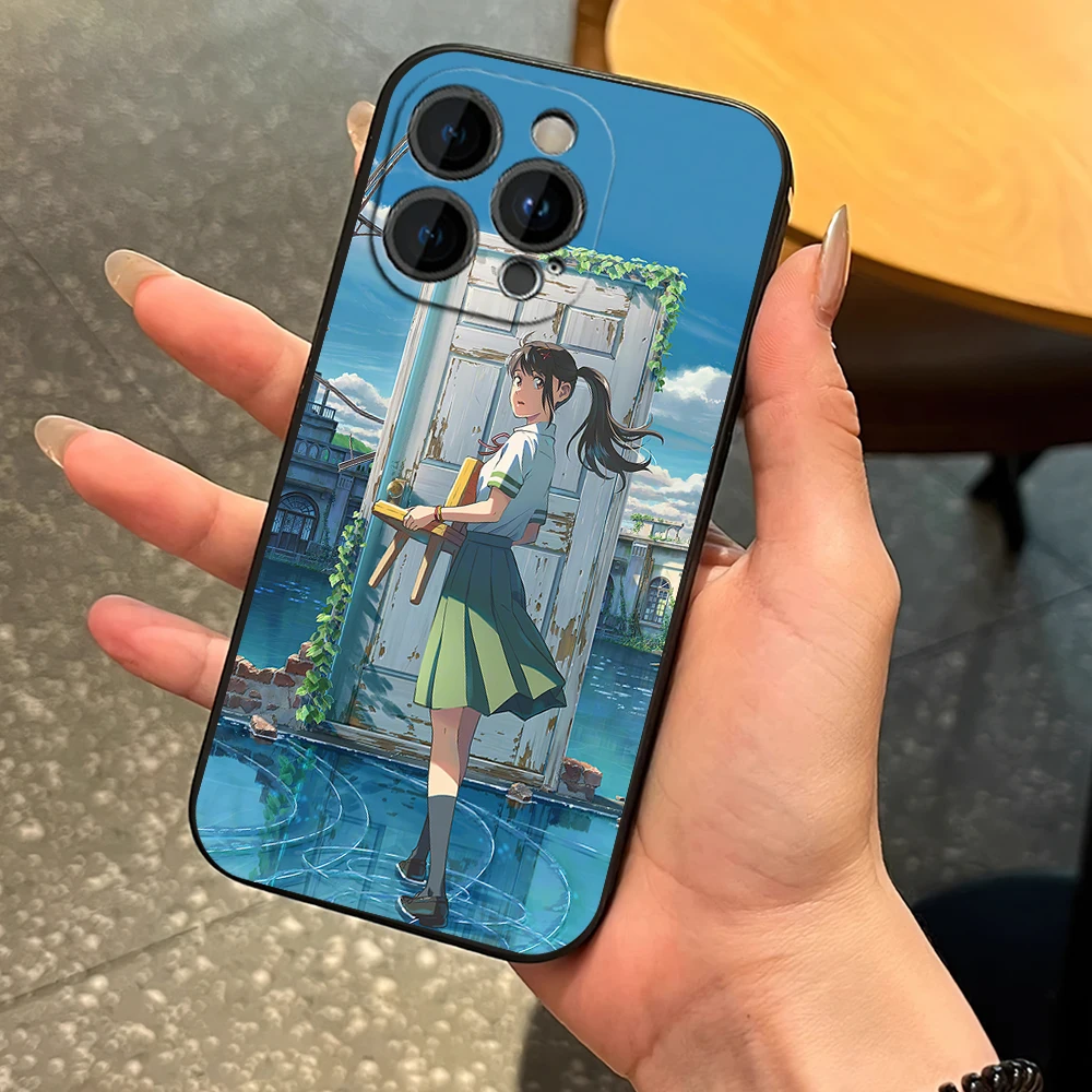 Anime S-Suzume Phone Case for iPhone 12 11 13 14 15 16 Max Pro Plus Black Soft Silicone Cover