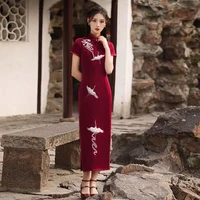 chinese cheongsam dress qipao new year gothic velvet for women solid party wedding crane embroidery sexy fashion bodycon vestido