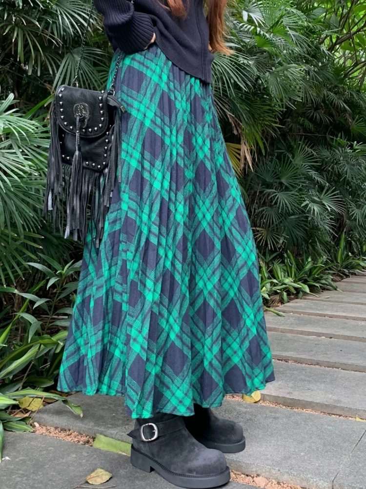 Осень-зима 2024 зеленая плиссированная юбка в складку Женская клетчатая