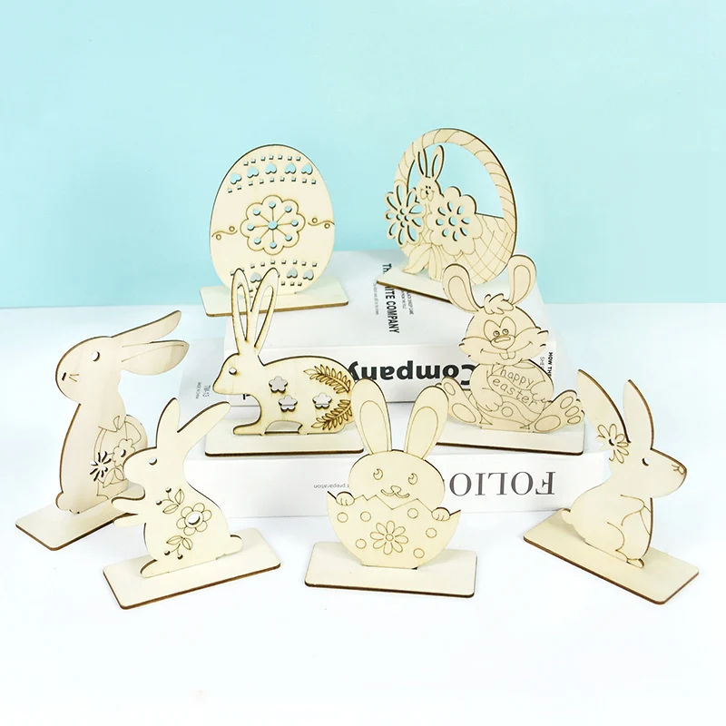 

Happy Easter Rabbit Eggs Wooden Craft Easter Decorations for Home Party DIY Painting Graffiti Wood Ornaments Natural Handcraft