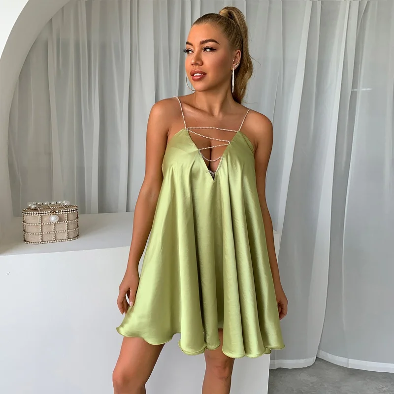 

Women Loose Backless Sleeveless Dress Slip Satin Ribbon Mini Dress Lace Up Deep V Neck Backless Lady Club Party Dresses