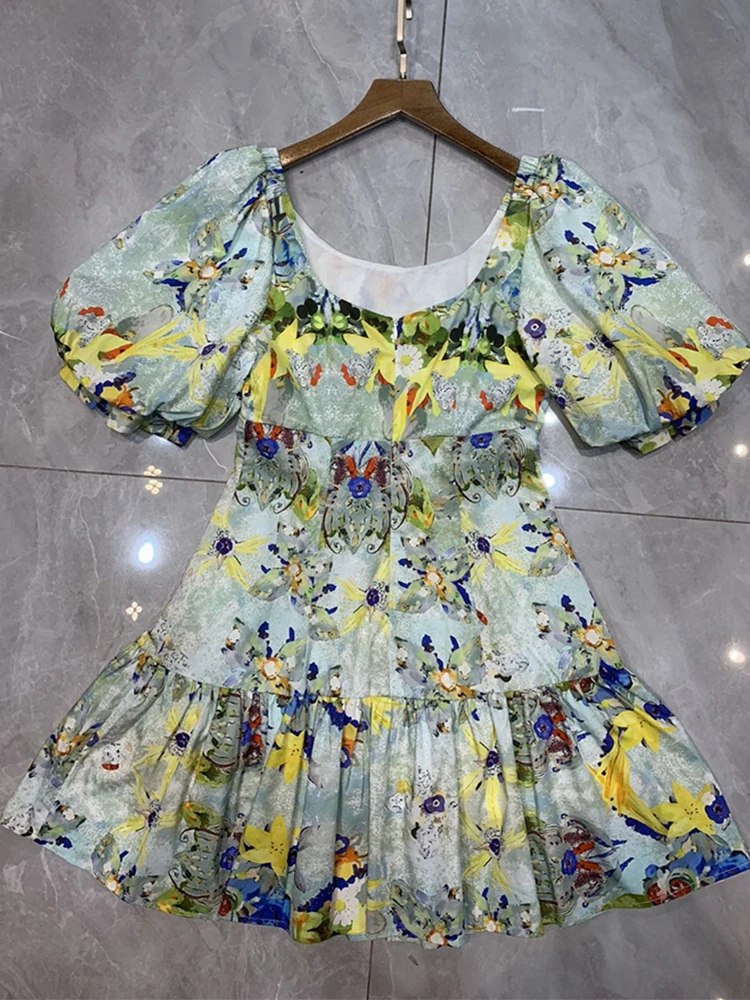 Summer Puff Sleeves  Vintage  Women Dress Flower Printed Slim  Ruffles Elegant Holiday Vacation Mini Dresses Lady