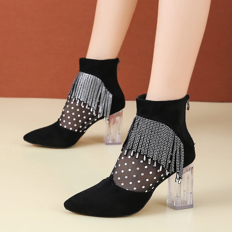 

European and American Tulle Boots Women's Tassel Pointed High-heeled Cheongsam Shoes Rhinoceros Hollow Dinner Party Cool