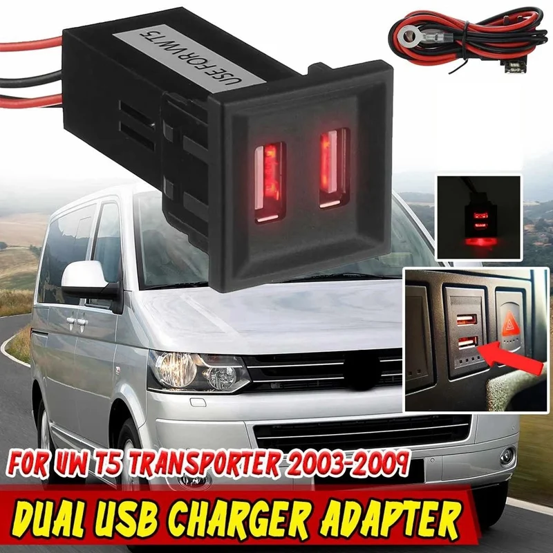 

Red Dual USB Charger Adapter Socket Phone Charger for ASR Dash Blank Switch for T5 Transporter 2003-2009