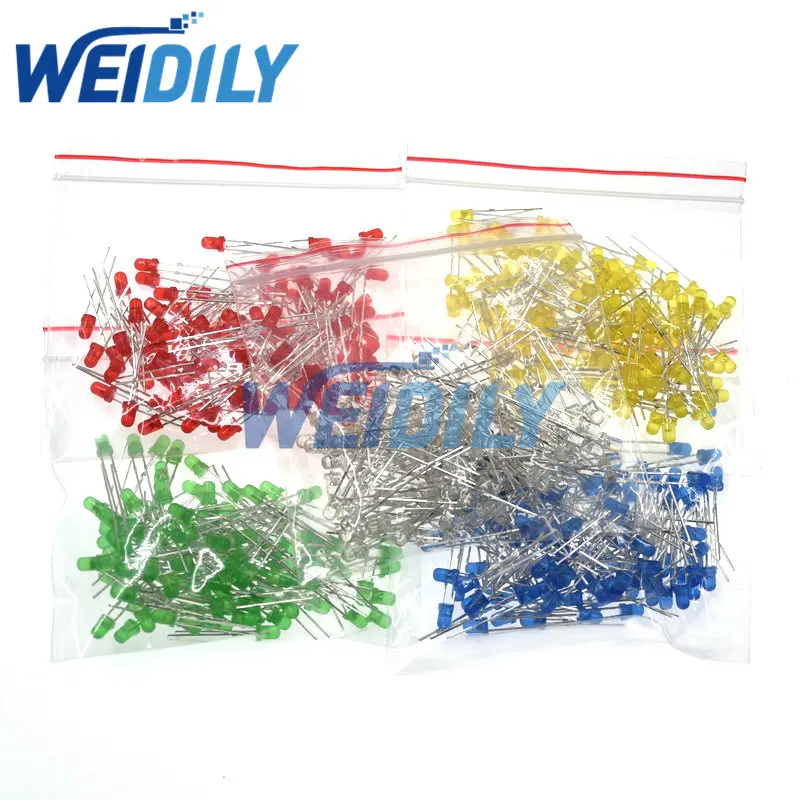 

500PCS 5 Color F3 3MM Round LED Assortment Kit Ultra Bright Water Clear White/Yellow/Blue/Green/Red Light Emitting Diode LED