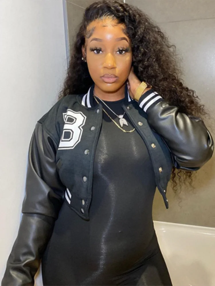 Kliou PU Лоскутная куртка в консервативном стиле Женская Осенняя Университетская