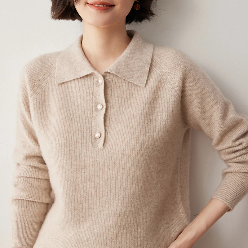 Свитер-поло из козьего кашемира с воротником для женщин роскошный деловой