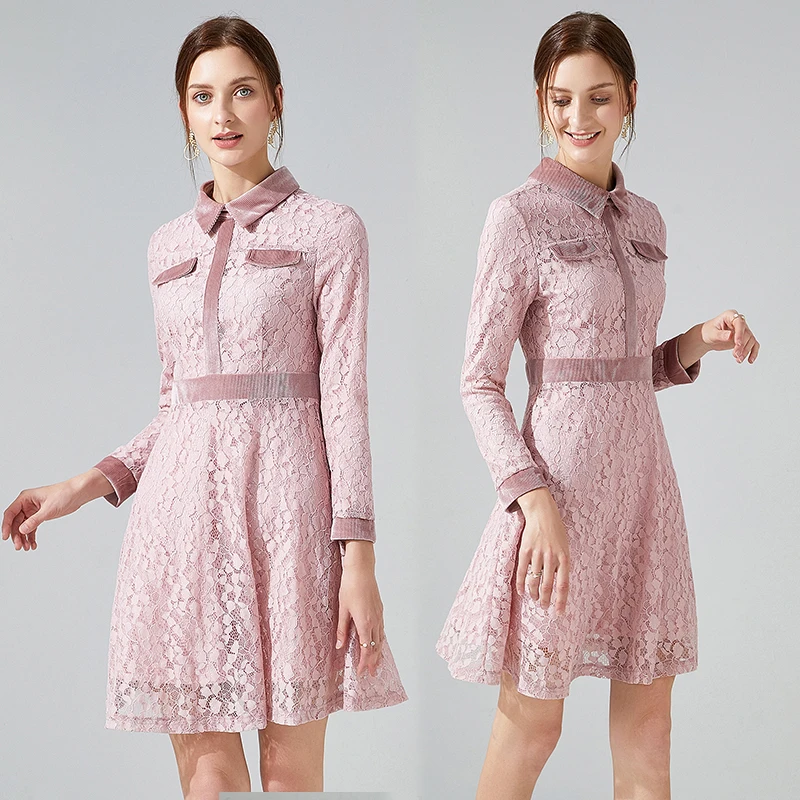 

Pink lace dress spring and autumn new European and American fashion Princess Miaoling ol bottomed skirt fat sister skirt