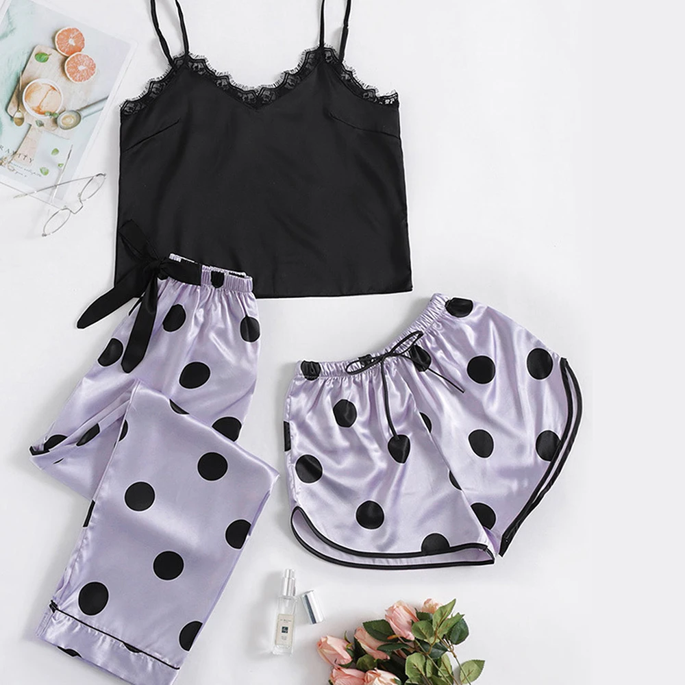 New Sleepwear Lace Edge Sexy Sling Shorts Casual 3PK Women's Soft and Comfortable Silk Homewear Cute Little Dot Sleepwear Set
