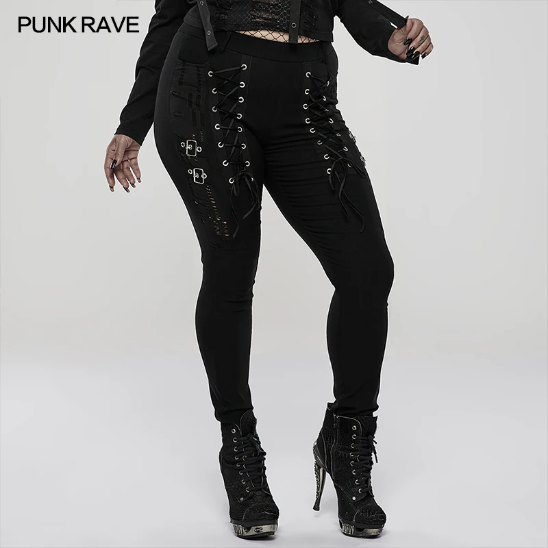 PUNK RAVE Women's Punk Style Long Elastic Woven Ripped Enriches Trousers Women Black Skinny Legging Streetwear Women