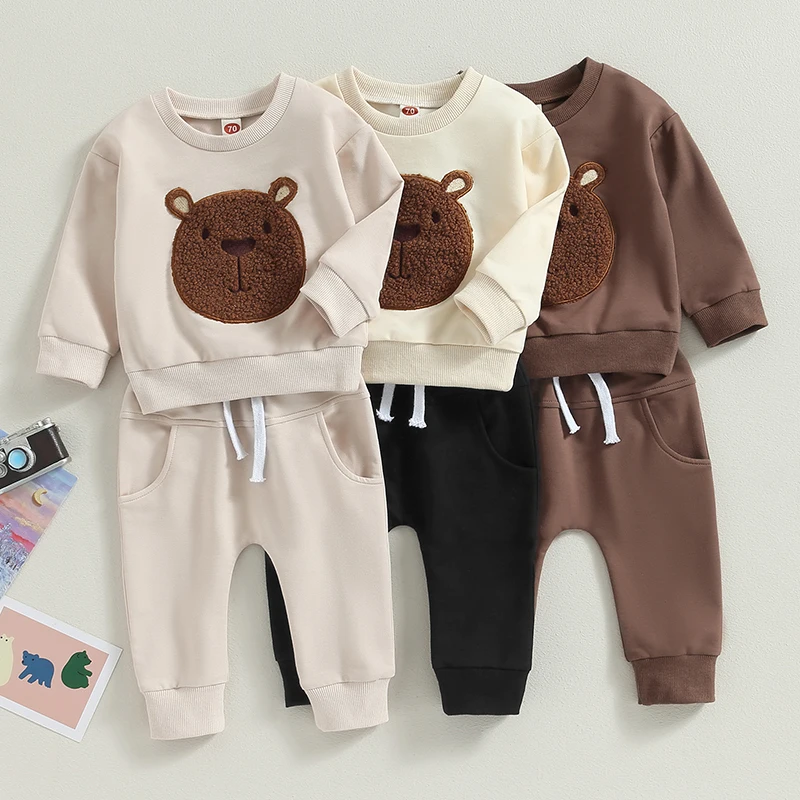 

2023-07-03 Lioraitiin 0-3Years Toddler Baby Boy Girl 2Pcs Fall Outfits Long Sleeve Bear Embroidery Tops Pocket Pants Set