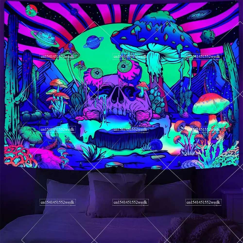 Гобелен с черепом Blacklight грибной для спальни эстетический гобелен изображением