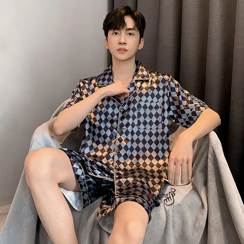 Men Pajama Sets Big Size Lounge Wear Fashion Silk Pajamas Summer Short Pj Set Homewear L-5XL Nightwear Homewear
