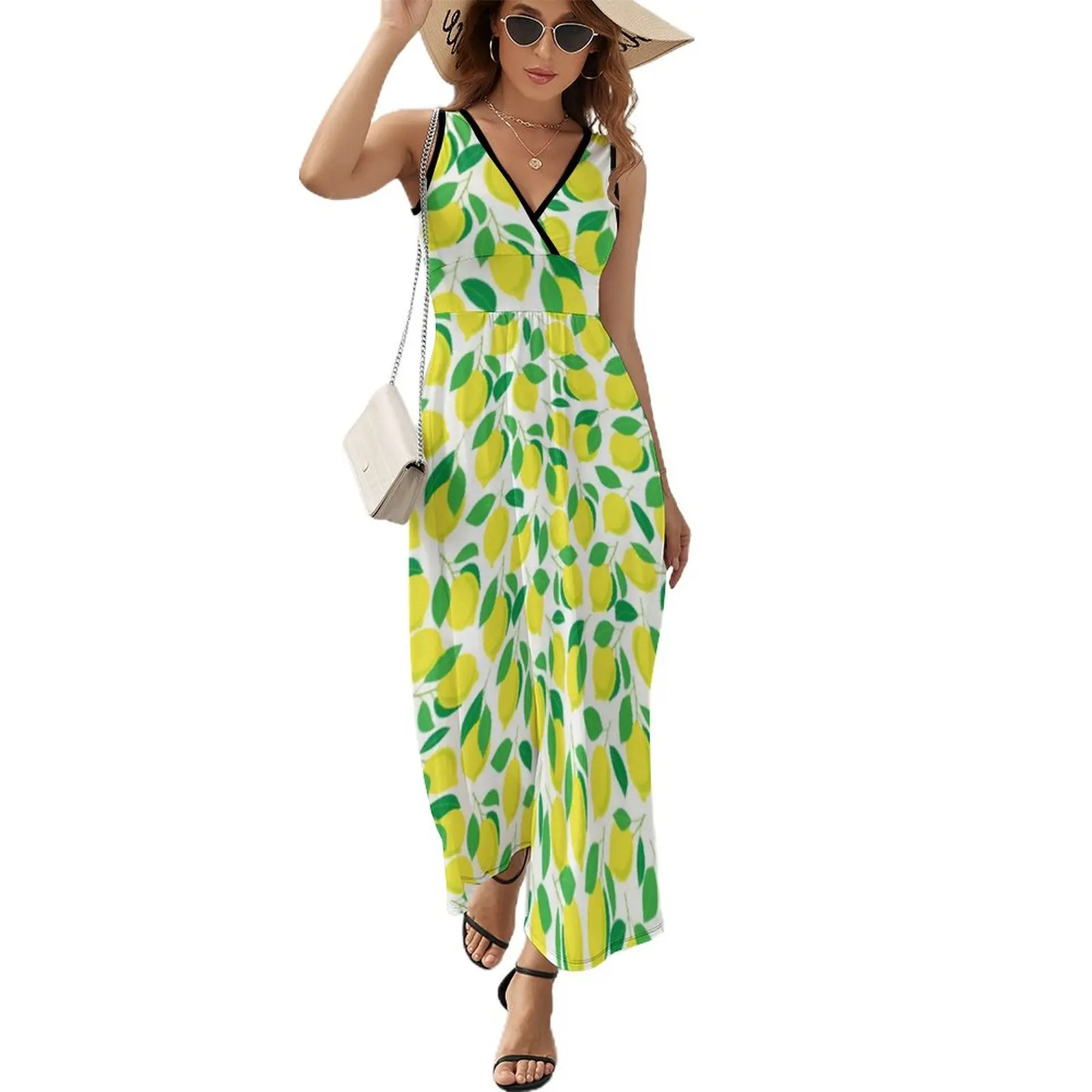 

Fruit Design Dress Lemons Leaves Pattern Trendy Maxi Dress High Waist Aesthetic Boho Beach Long Dresses V Neck Graphic Vestido