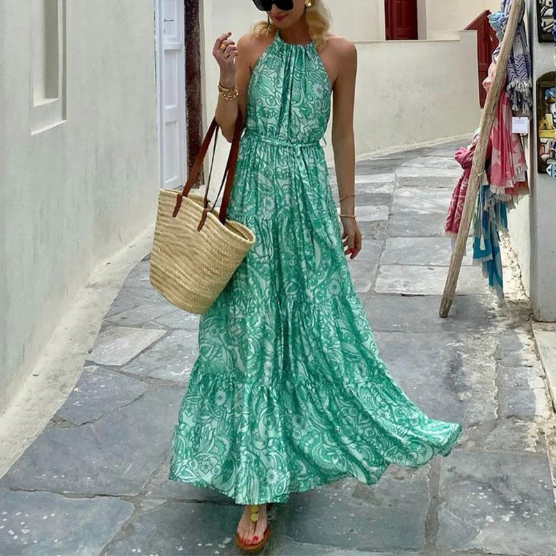 

2022 Fall New Halter Sleeveless Boho Print Dress Elegant Lace-Up Folds Backless Party Dress Women Fashion Retro Loose Long Dress