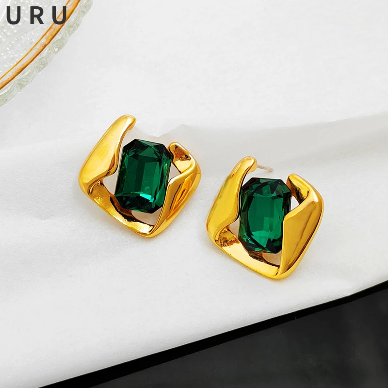 

Fashion Jewelry 925 Silver Needle Green Glass Earring 2022 New Trend High Quality Brass Gold Color Metal Earrings For Women Girl