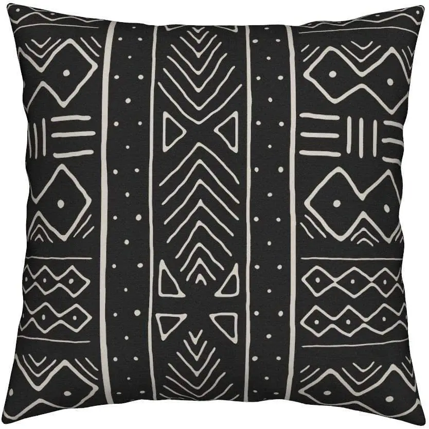 

African Mudcloth Black White Flax Cotton Hidden Zipper Throw Pillow Covers 18x18 in (Two Sides)