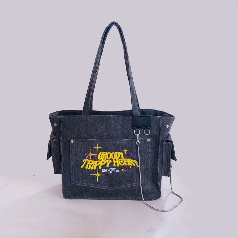 

Washed Canvas Embroidered Letters Portable Retro Vintage Tote High Capacity Shoulder Underarm Bag Shopping Woman
