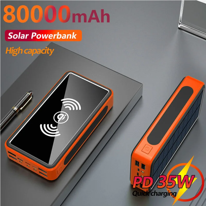 

80000mAh Solar Powerbank Wireless Fast Charger with 4USB Large Capacity Mobile Phone External Battery Poverbank for Smartphoones