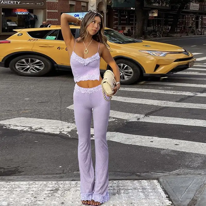 

See Through Sexy Women Sleeveless Backless Slip Tank Crop Top And Flare Long Pants Low Waist Two Piece Sets Cut Out Streetwear