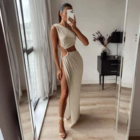 summer women sexy hollow out maxi dress spring solid sleeveless split dress one shoulder high waist bodycon party female 2022