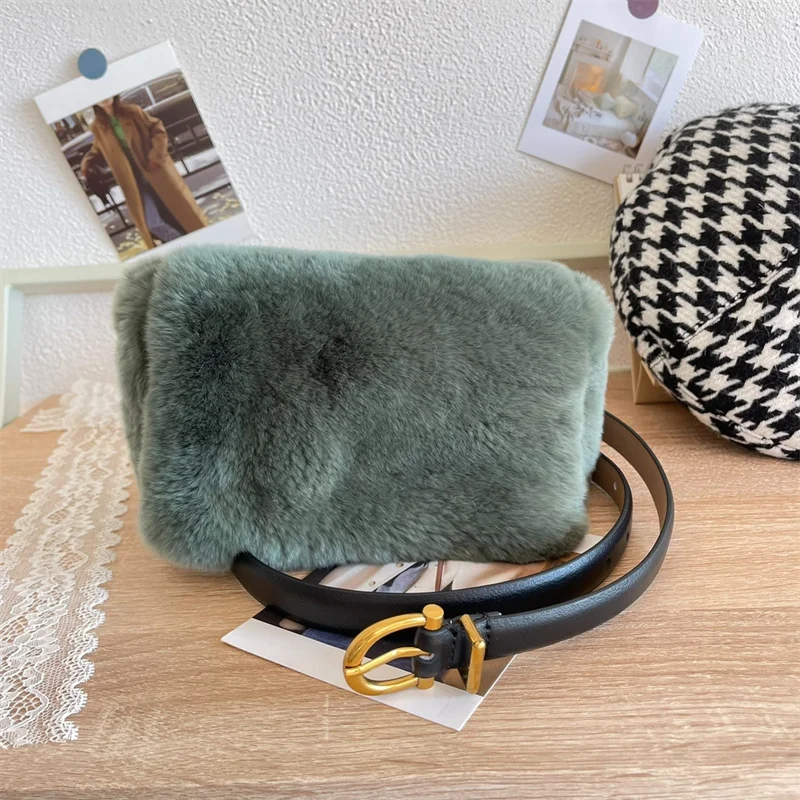 Soft Fluffy Fur Crossbody Bag Rex Rabbit Leather Waist Pack For Women With Adjustable Belt Embellished Leather Waist Pack