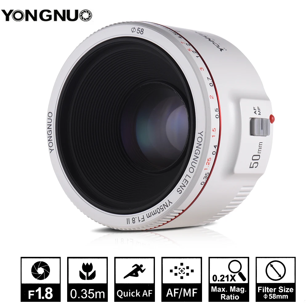 Yongnuo YN50MM F1.8 II Белый AF/MF 0 35 м Расстояние фокусировки Стандартный объектив Prime для