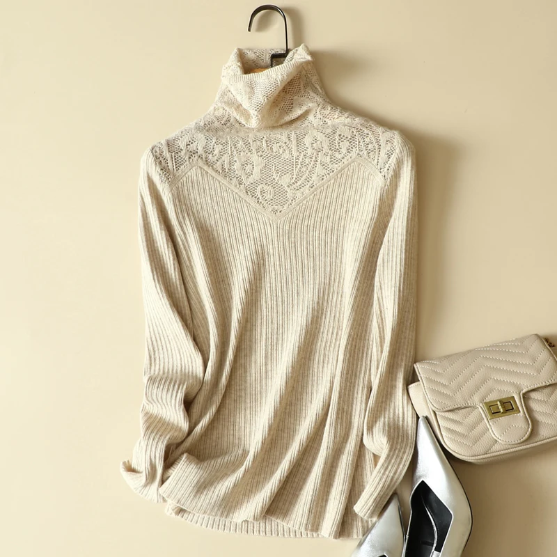 

Кружевная водолазка, вязаный женский свитер, пуловеры, зима 2022, однотонные, с длинными рукавами, элегантные, офисные, дамские, тянет, верхняя одежда, топы