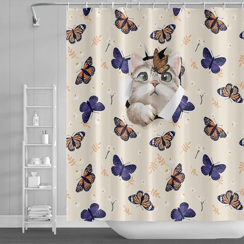 

Butterfly Pattern Shower Curtains Waterproof Fabric Home Bathtub Decoration Cute Cartoon Cat Printed Bathroom Curtain With Hooks