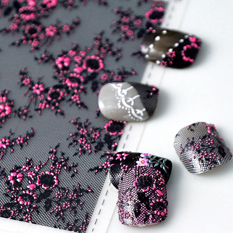 5D Pink Embossed Flowers Nail Sticker Black Acrylic Lace Butterfly Adhesive Sliders Elegant Nail Art Decorations Accessories