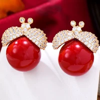 kellybola new cute sweet romantic round pearl ladybird stud earrings white red color fashion brand for women girl jewelry gift