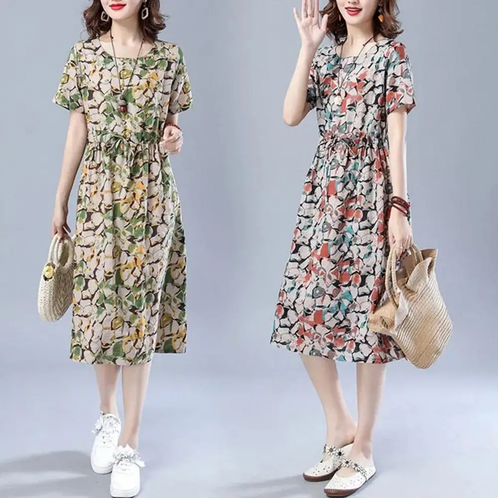 Women Dress Round Neck Loose-fitting Waist Tight Exquisite Pattern Breathable Dress-up Cotton Blend Women Summer Print Dress