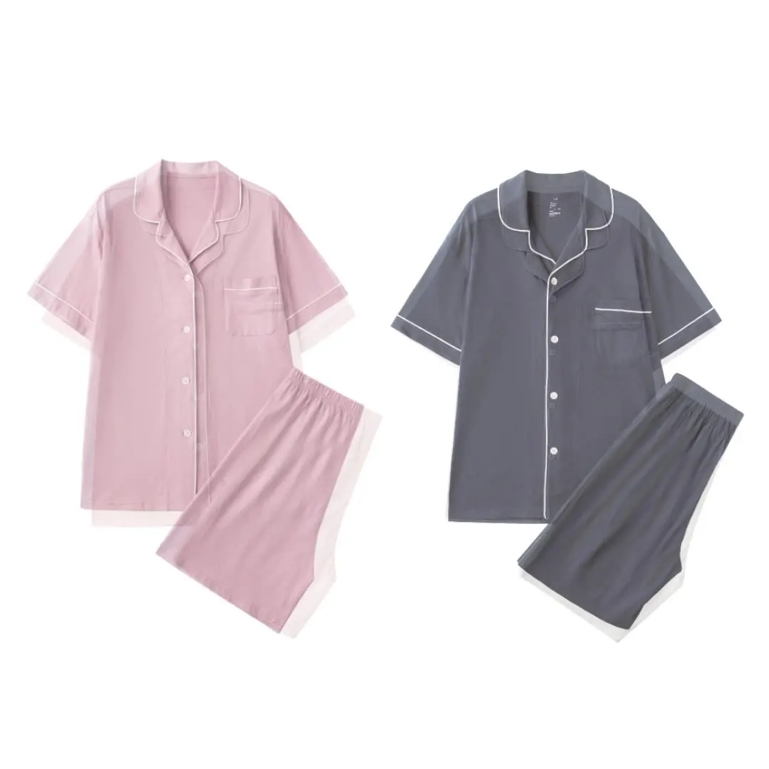 Couple Man Women Plain Color Women Cotton Pyjama Set Elegant Nightgown Sleepwear Shorts Pajamas Short Sleeves Home Wear Set