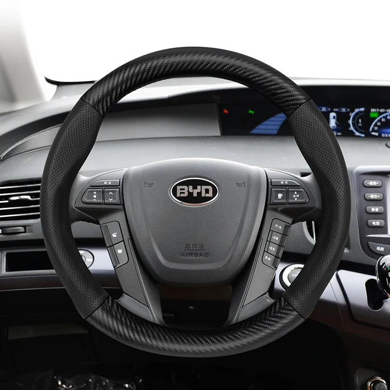 Фото Для BYD текстура углеродного волокна перфорированный кожаный чехол на руль Dolphin Mini Atto 3 Seal U Song Plus King Seagull F3 Pro №2
