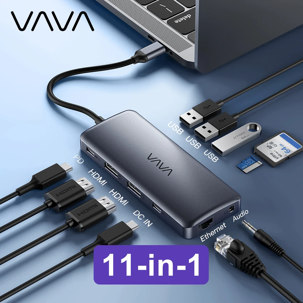 Док-станция VAVA USB C Hub 11 в 1 с двумя портами 4K HDMI 3 3.0 100 Вт PD зарядка RJ45 - Цена: 2378.79