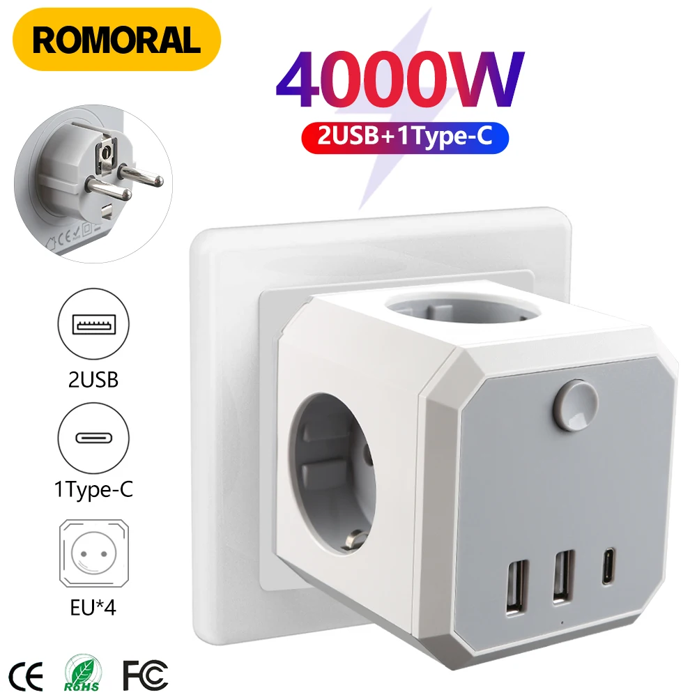 

EU Plug Power Strip Cube Power Socket with Switch 4 AC Outlets 2 USB 1 Type C Charging Ports 16A Portable Socket Power Adapter