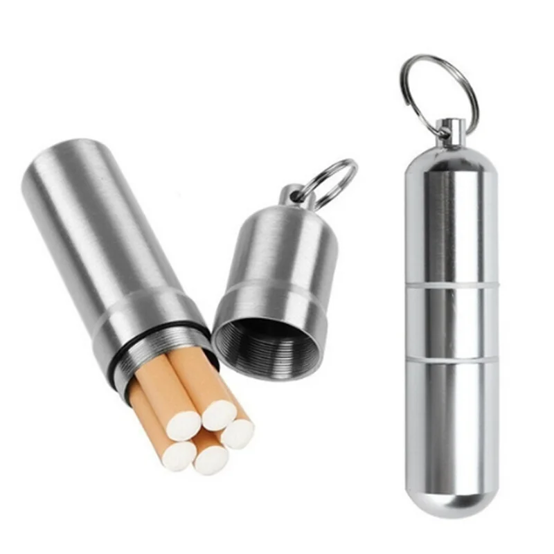 1pcs Silver Aluminum Alloy Cigarette Box Waterproof Cigarette Case Pill Toothpick Capsule Holder with Keychain Mens Gift