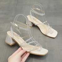 2022 sandals clear heels female shoe medium new block girls high summer fashion rhinestone beige comfort pumps solid basic new