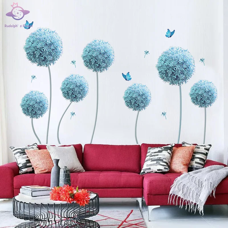 

6 Blue Dandelion Decals Allium Flower Butterfly Wall Stickers Living Room Bedroom Decor