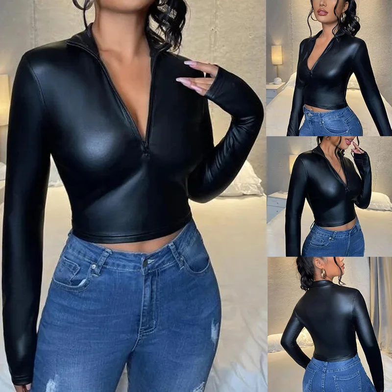 

Women's PU Leather Blouse Autumn New Four Side Elastic Sexy Zipper V-Neck Long Sleeve T-shirt Casual Shirt Female Cropped Tops