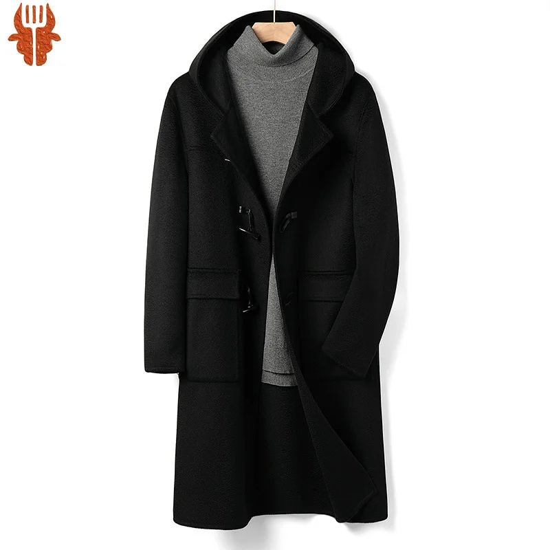 

2023 роскошное 100% Австралийское шерстяное двухстороннее Мужское пальто с капюшоном, черно-белое шерстяное пальто, мужское зимнее утепленное пальто