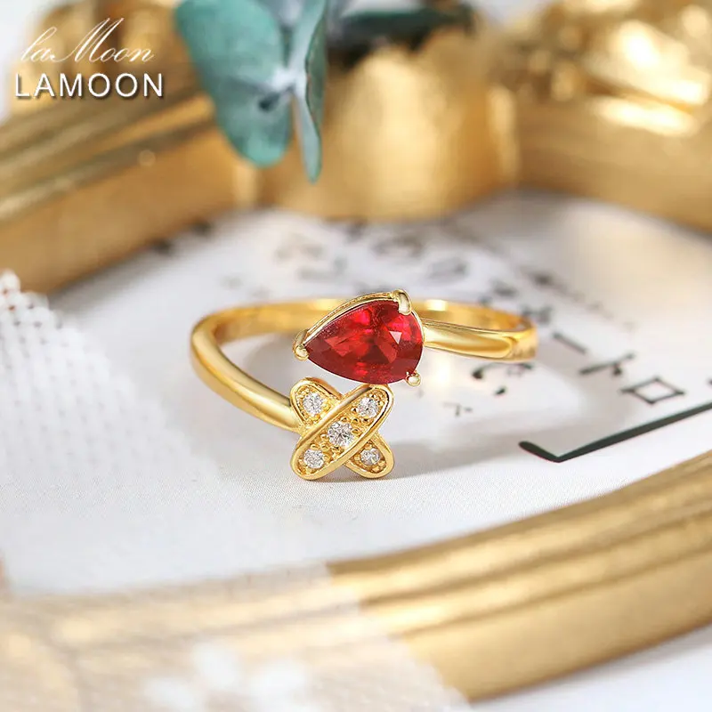 LAMOON-anillos de rubí Natural para mujer, anillo de piedras preciosas rojas en forma de lágrima, Plata de Ley 925, accesorios de boda chapados en oro RI056