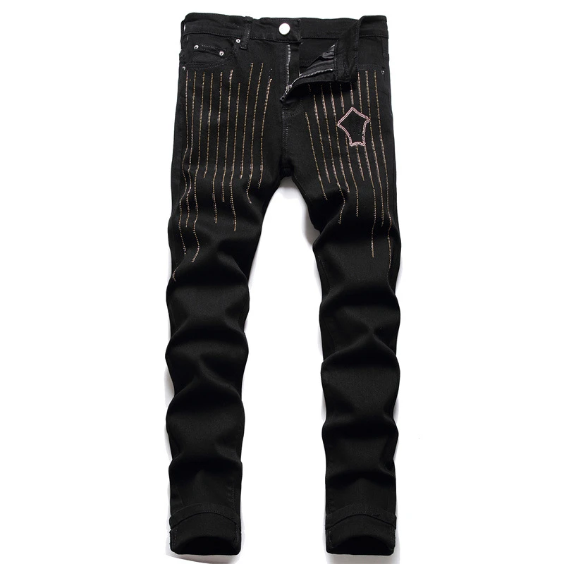 Pocket Drill Line Embroidery Jeans Men's Four Seasons Style Reflective Premium Black High Street Fashion Zipper Slim New