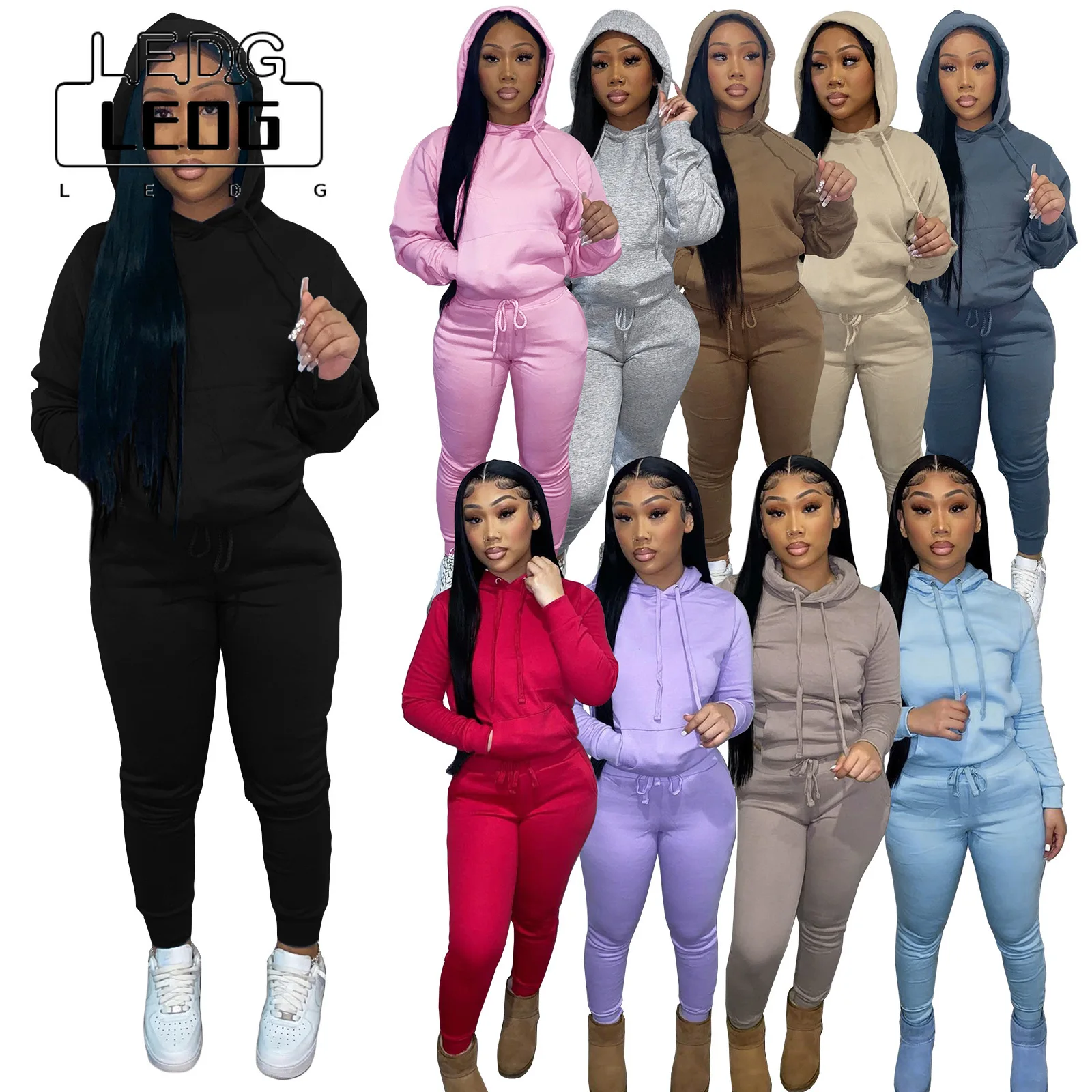 

LEDP Autumn and Winter Style Fleece Drawstring Hooded Two-piece Women's Solid Color Hoodie Stacked Sports Jogging Women's Suit